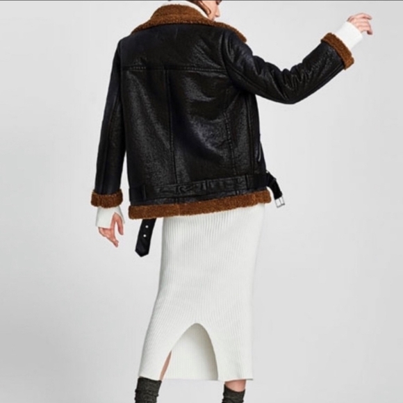 ZARA $170 Textured Shearling Moto Jacket Women's XS (Runs Large) Brown & Black - Picture 3 of 10